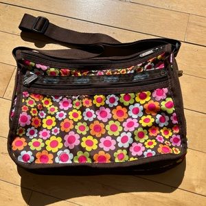 LeSportsac Deluxe Everyday Bag - brown with floral pattern EUC